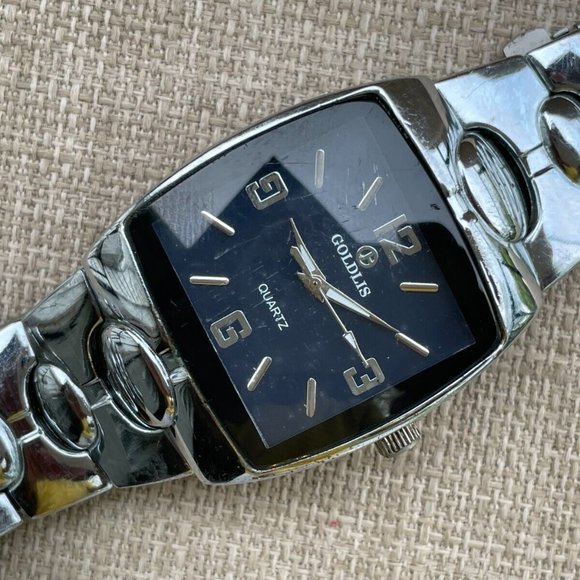 Goldis Men Wrist Watch Silver Tone Analog Quartz Black Face Watch - Picture 7 of 14